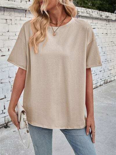 Lovelet Exposed Seam Round Neck Half Sleeve T-Shirt - Trendsi - Flyclothing LLC