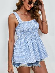 Smocked Plaid Square Neck Tank Trendsi