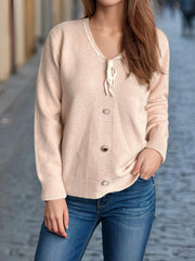 Tied V-Neck Long Sleeve Sweater - Trendsi