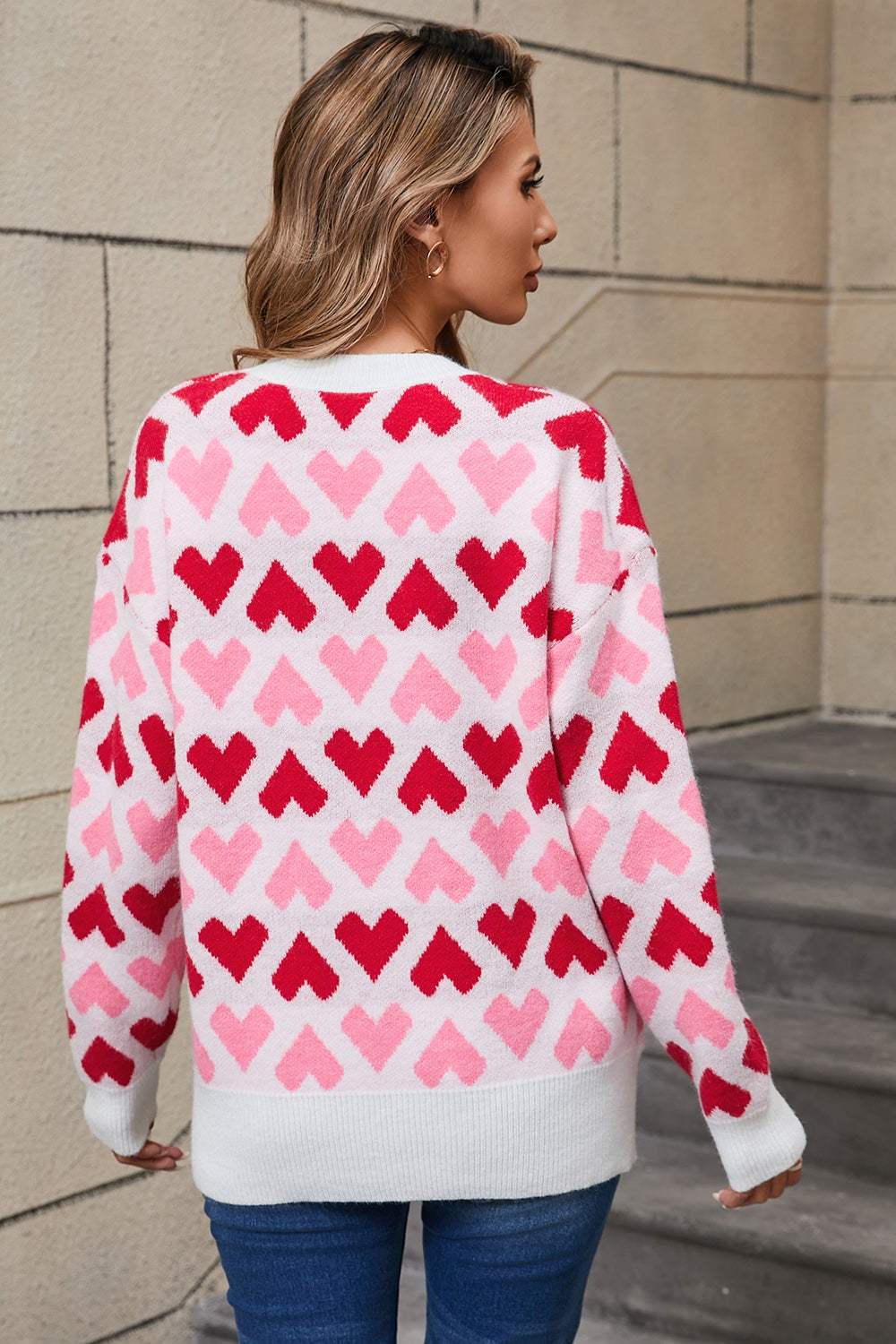 Angel Wings Contrast Heart Round Neck Sweater - Trendsi - Flyclothing LLC