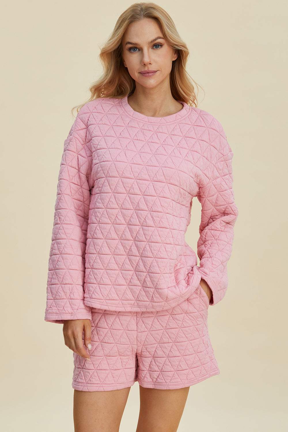 Double Take Full Size Texture Round Neck Long Sleeve Top and Shorts Set - Trendsi - Flyclothing LLC