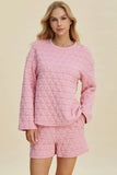 Double Take Full Size Texture Round Neck Long Sleeve Top and Shorts Set - Trendsi