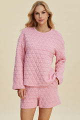 Double Take Full Size Texture Round Neck Long Sleeve Top and Shorts Set - Trendsi