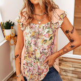Ruffled Floral Square Neck Cap Sleeve Blouse - Trendsi