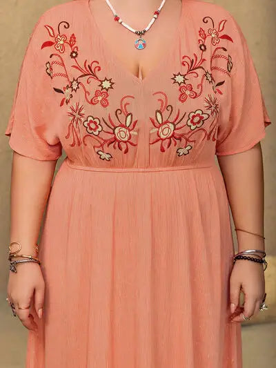 Plus Size Frill Embroidered V-Neck Half Sleeve Maxi Dress - Trendsi - Flyclothing LLC
