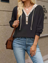 Waffle Knit Henley Hoodie with Contrast Trim - Trendsi - Flyclothing LLC