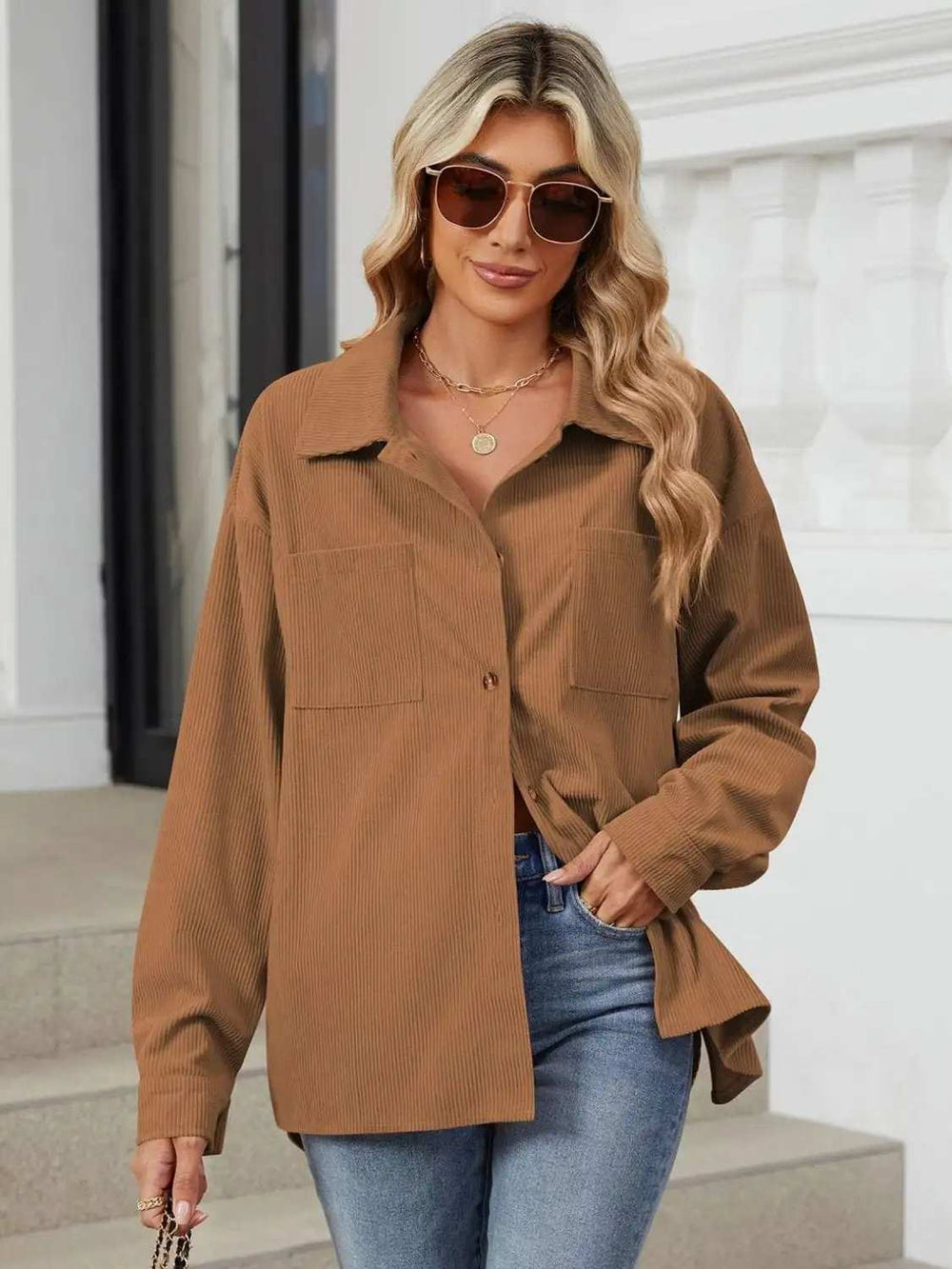 Button Up Dropped Shoulder Long Sleeve Outerwear - Trendsi - Flyclothing LLC