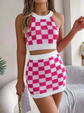Checkered Grecian Neck Cami and Skirt Sweater Set - Trendsi - Flyclothing LLC