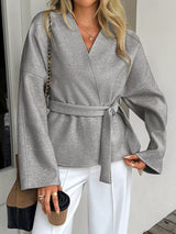 Surplice Dropped Shoulder Tie Belt Outerwear - Trendsi - Flyclothing LLC