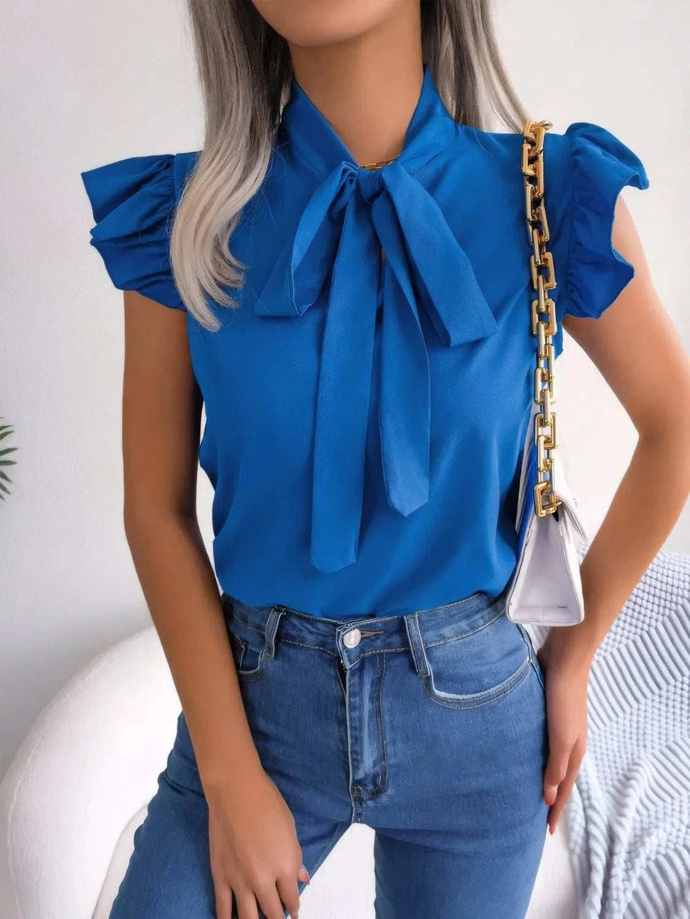 Ruffled Tie Neck Cap Sleeve Blouse - Trendsi - Flyclothing LLC