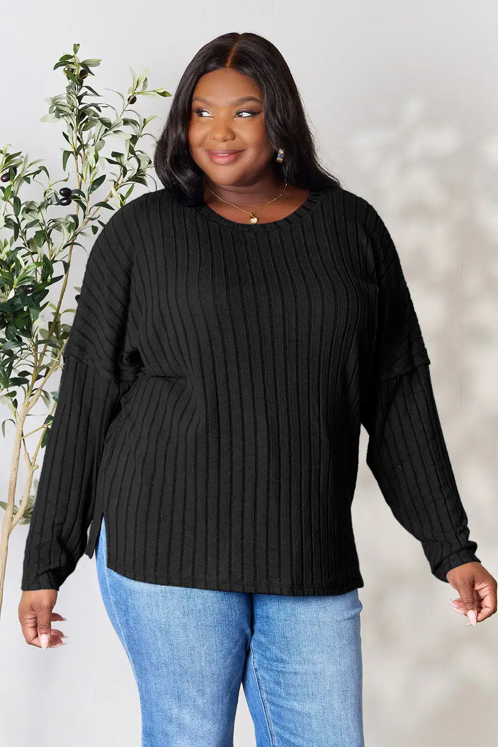 Basic Bae Full Size Ribbed Round Neck Slit Knit Top - ShopBasicbae - Flyclothing LLC