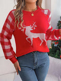 Reindeer Plaid Round Neck Long Sleeve Sweater - Trendsi - Flyclothing LLC