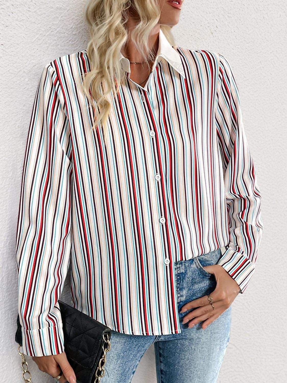 Perfee Contrast Striped Collared Neck Long Sleeve Shirt - Trendsi - Flyclothing LLC
