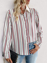 Perfee Contrast Striped Collared Neck Long Sleeve Shirt - Trendsi - Flyclothing LLC