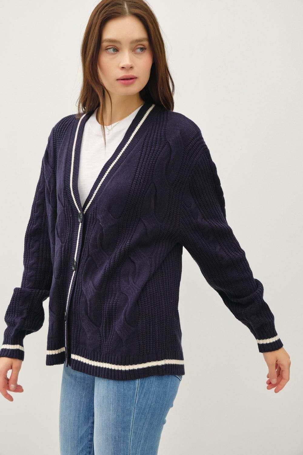 Be Cool Contrast Trim Cable-Knit V-Neck Cardigan - Trendsi - Flyclothing LLC