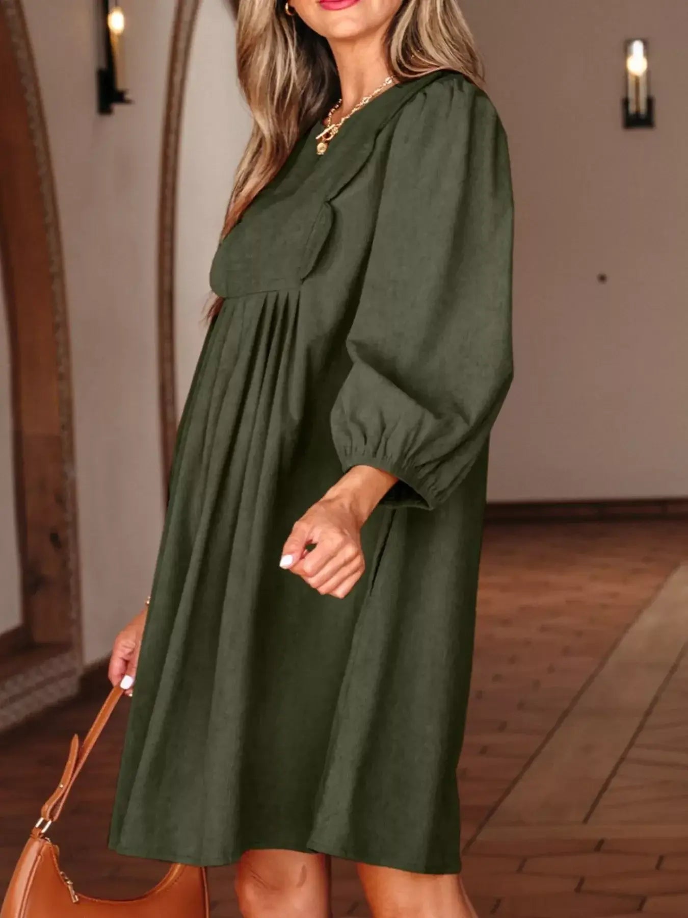 Bracelet Sleeve Split Neck Scallop Detail Pleated Corduroy Mini Dress - Trendsi - Flyclothing LLC