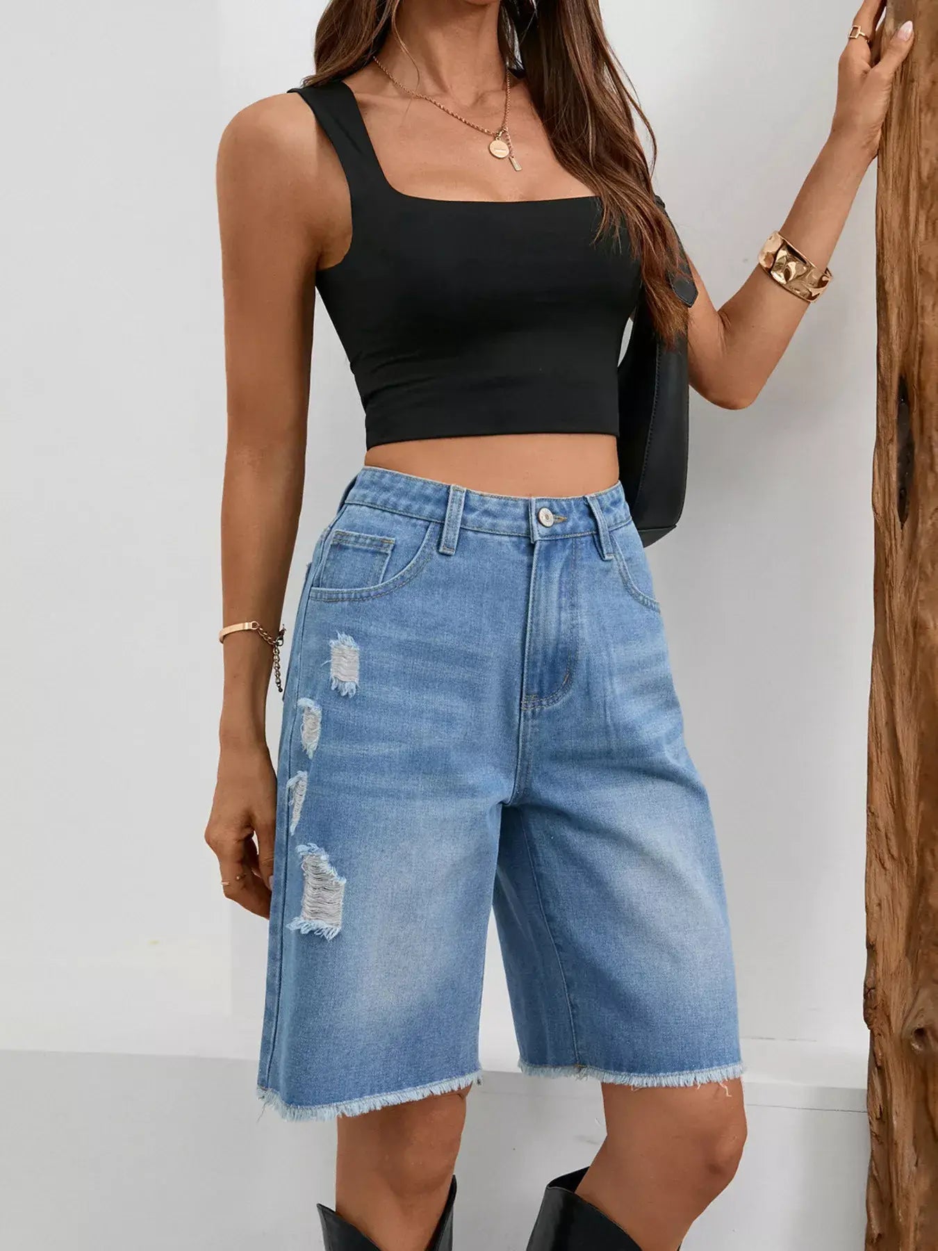 Ripped Frayed Hem Denim Shorts - Trendsi - Flyclothing LLC