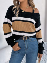 Color Block Asymmetrical Neck Long Sleeve Sweater - Trendsi - Flyclothing LLC