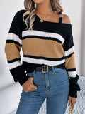 Color Block Asymmetrical Neck Long Sleeve Sweater - Trendsi