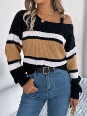 Color Block Asymmetrical Neck Long Sleeve Sweater - Trendsi