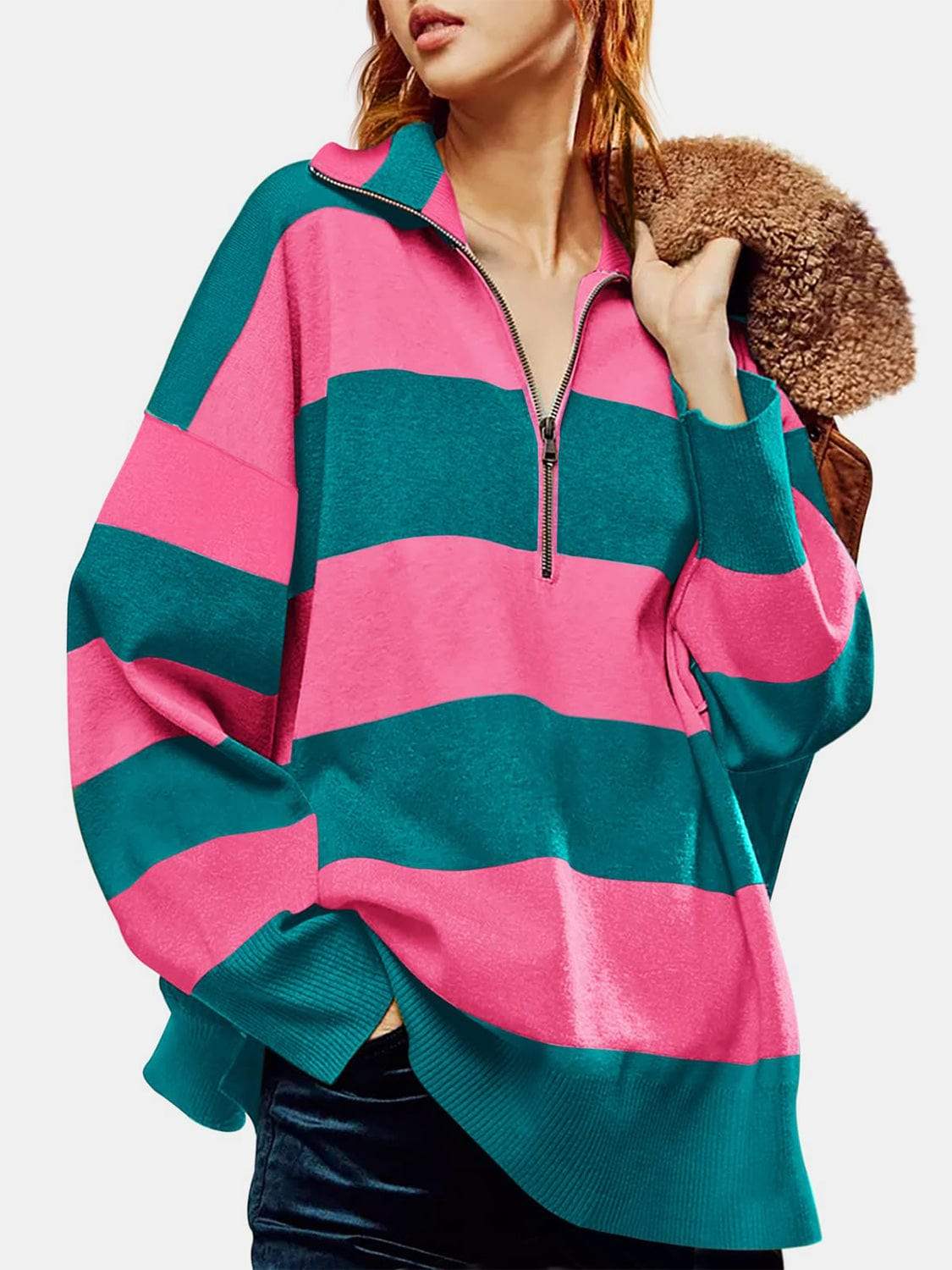 Color Block Half Zip Long Sleeve Sweater - Trendsi - Flyclothing LLC