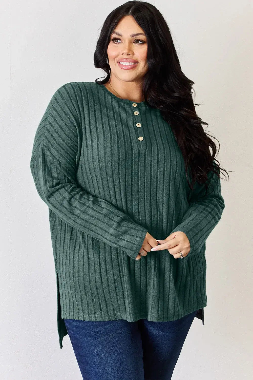 Basic Bae Full Size Ribbed Half Button Long Sleeve High-Low T-Shirt - ShopBasicbae - Flyclothing LLC