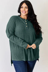 Basic Bae Full Size Ribbed Half Button Long Sleeve High-Low T-Shirt - ShopBasicbae - Flyclothing LLC