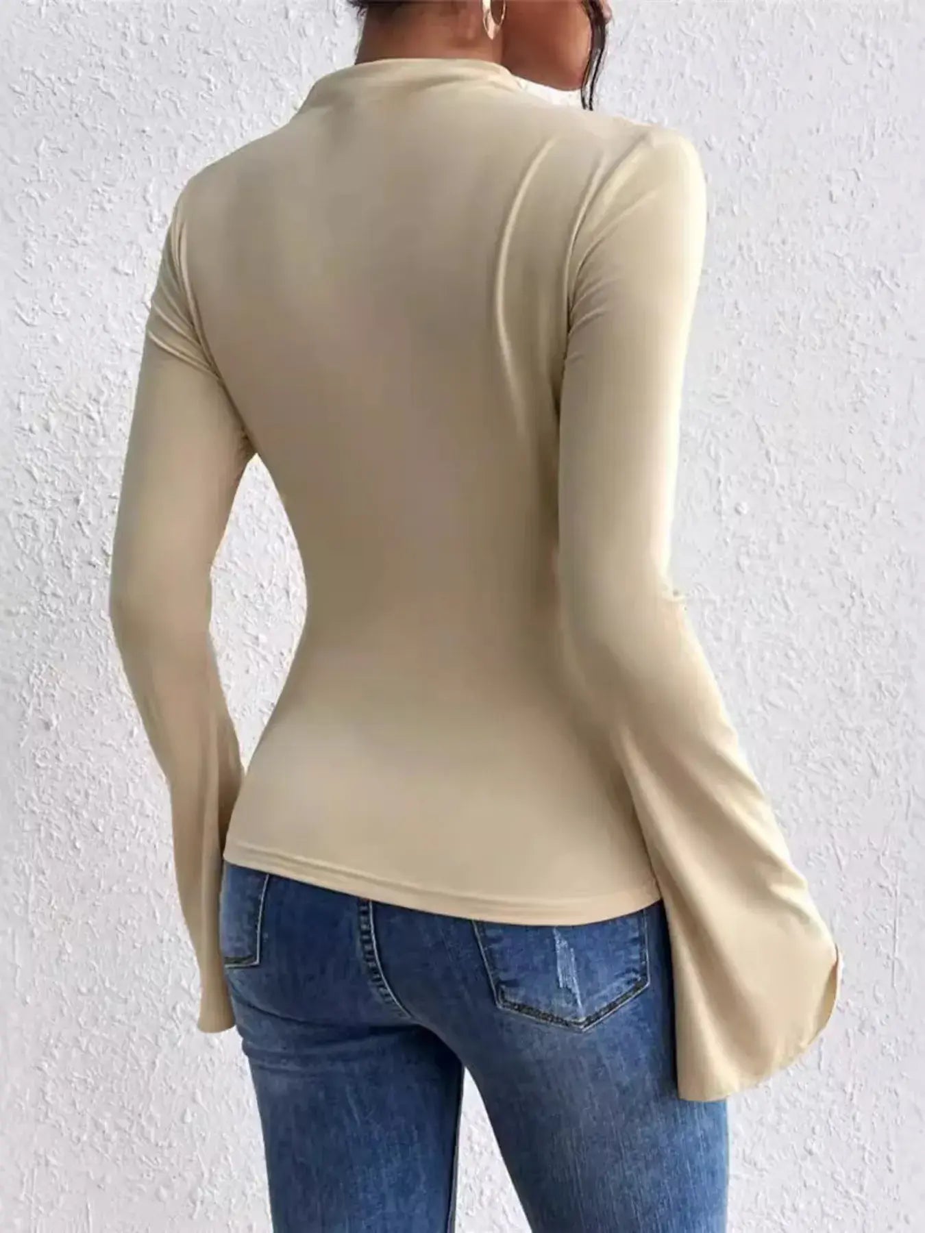 Bell Sleeve Ruched Fitted T-Shirt with Mock Neck - Trendsi - Flyclothing LLC