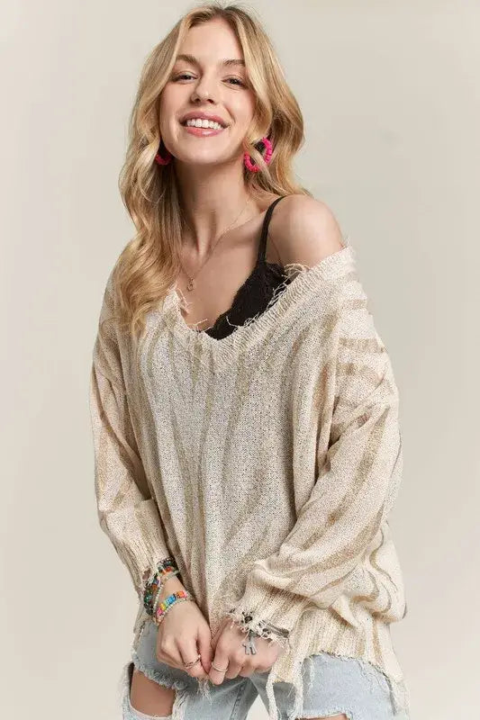 ADORA Frayed Zebra Knit Top - Trendsi - Flyclothing LLC