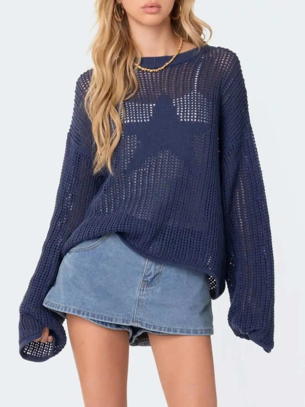 Star Round Neck Long Sleeve Knit Top - Trendsi - Flyclothing LLC