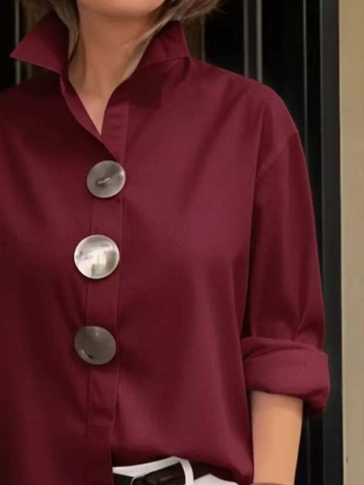 Full Size Oversized Metal Button Long Sleeve Shirt Plus Size - Trendsi - Flyclothing LLC