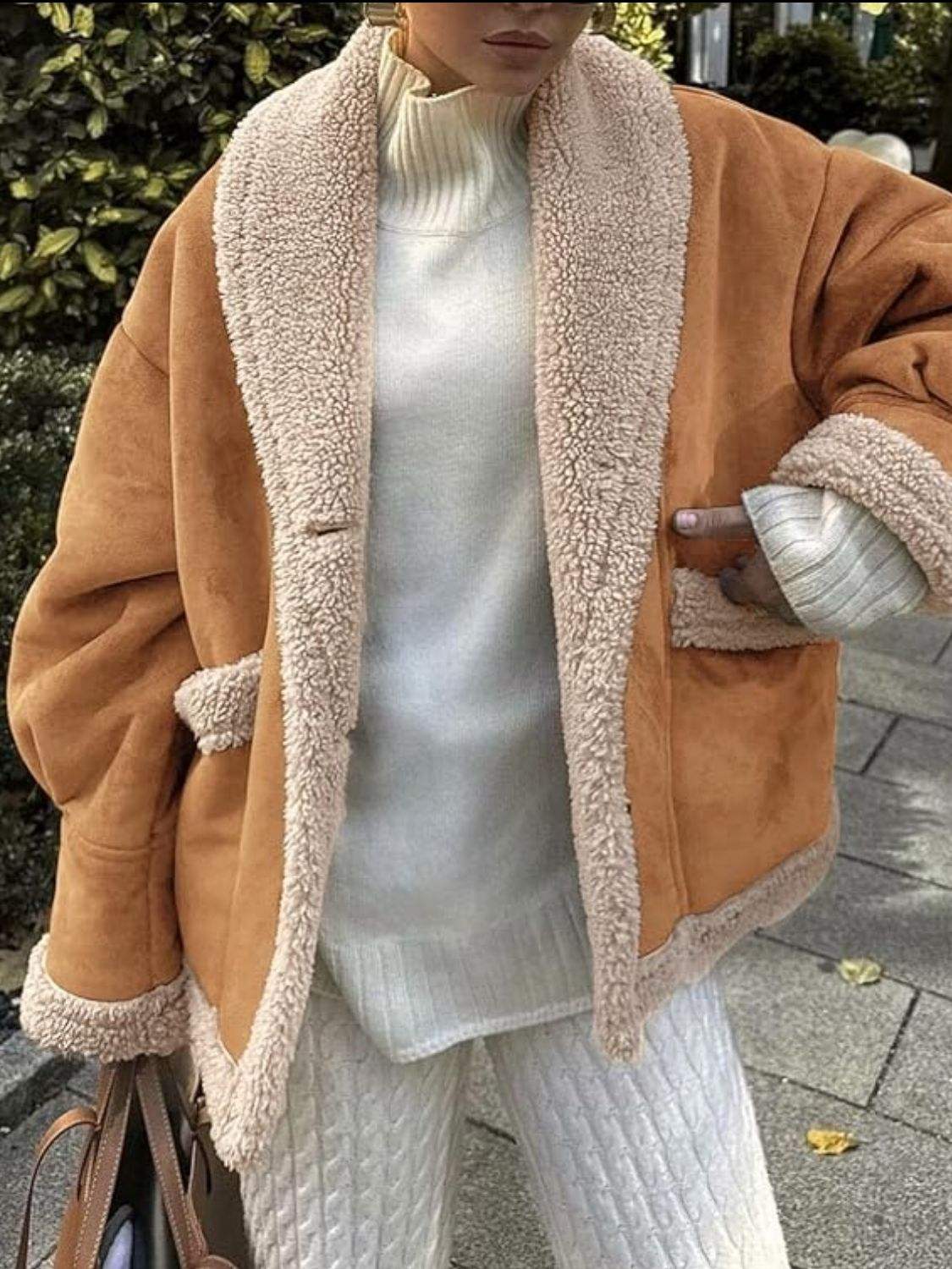 Fuzzy Collared Neck Long Sleeve Jacket - Trendsi - Flyclothing LLC