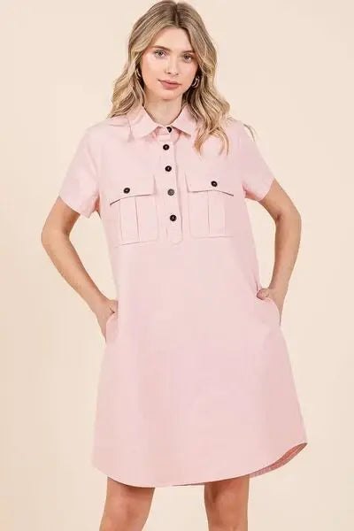 Mittoshop Button Detail Collared Neck Short Sleeve Shirt Dress - Trendsi - Flyclothing LLC