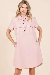 Mittoshop Button Detail Collared Neck Short Sleeve Shirt Dress - Trendsi - Flyclothing LLC