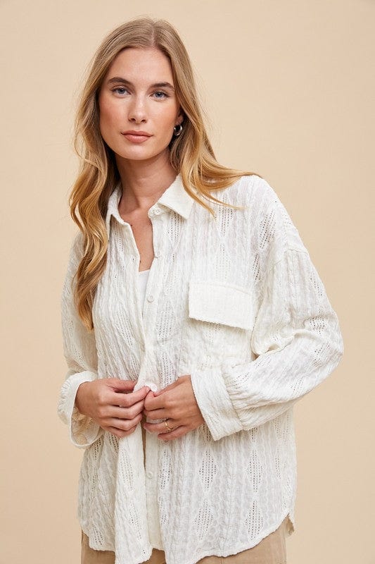 Annie Wear Openwork Button Down Drop Shoulder Shirt - Trendsi