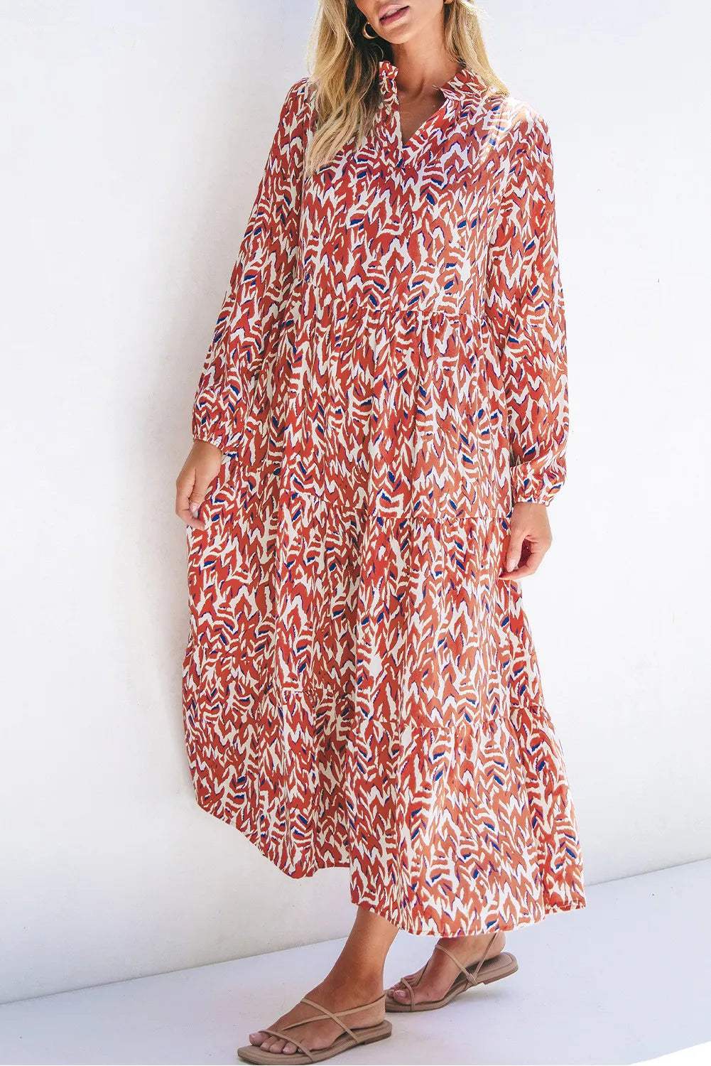 Printed Notched Long Sleeve Dress - Trendsi - Flyclothing LLC