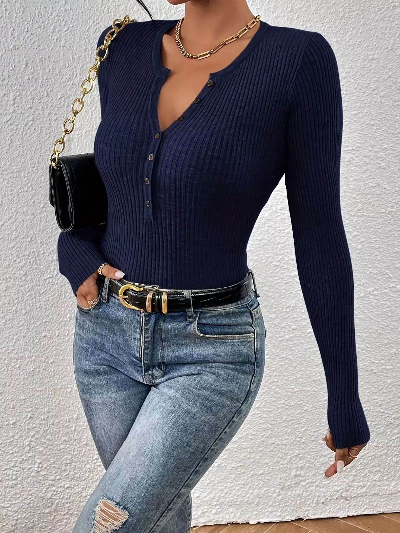 Ribbed Knit Button Front Knit Top - Trendsi - Flyclothing LLC