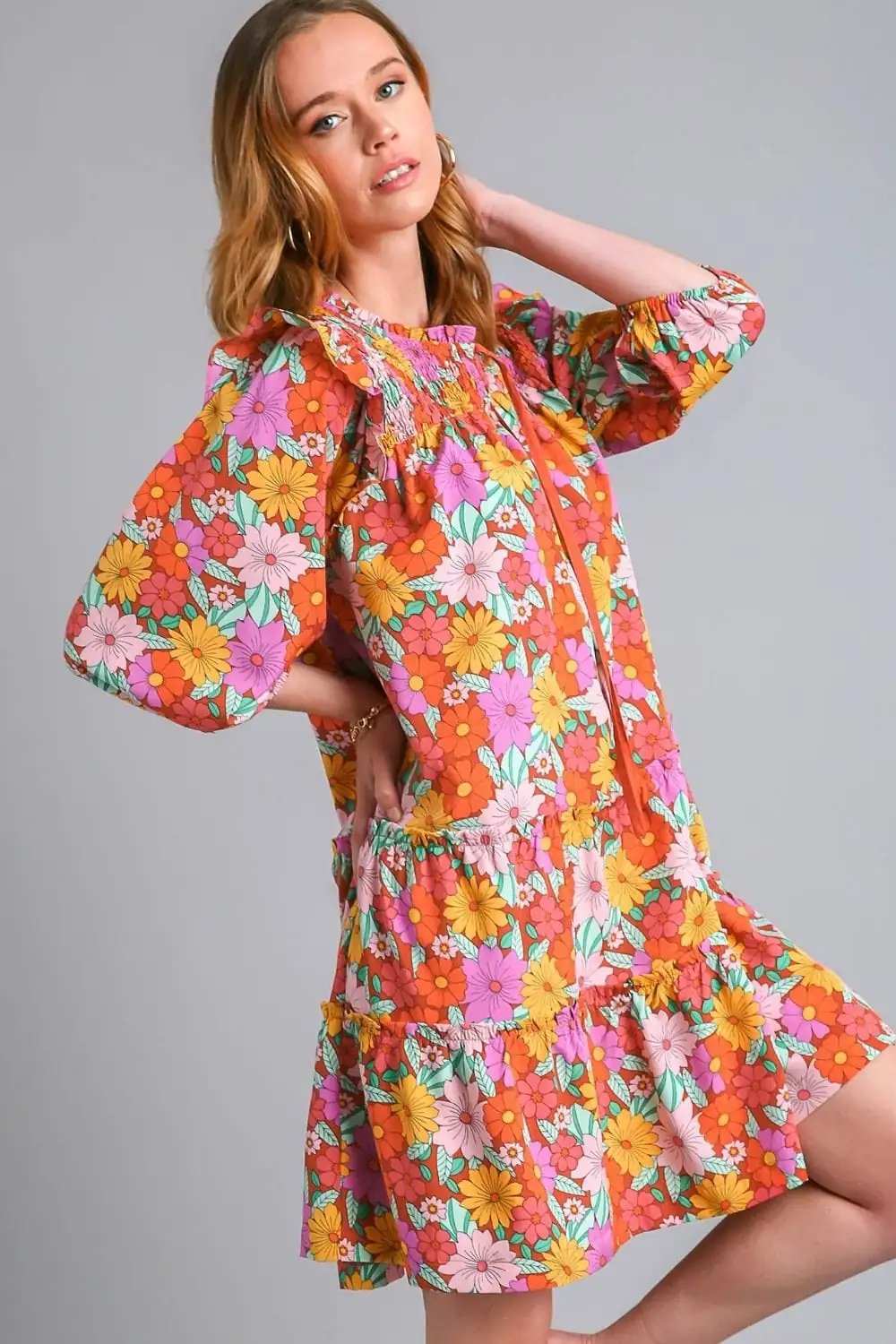 Umgee Full Size Ruffled Flower Print Tie Neck Tiered Dress Plus Size - Trendsi - Flyclothing LLC