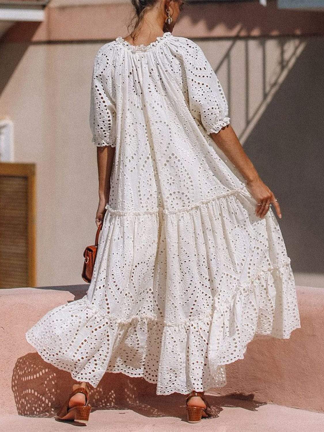 Tie Neck Half Sleeve Tiered Dress - Trendsi - Flyclothing LLC