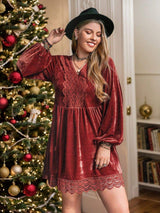 Plus Size Lace Detail V-Neck Long Sleeve Mini Dress - Trendsi - Flyclothing LLC