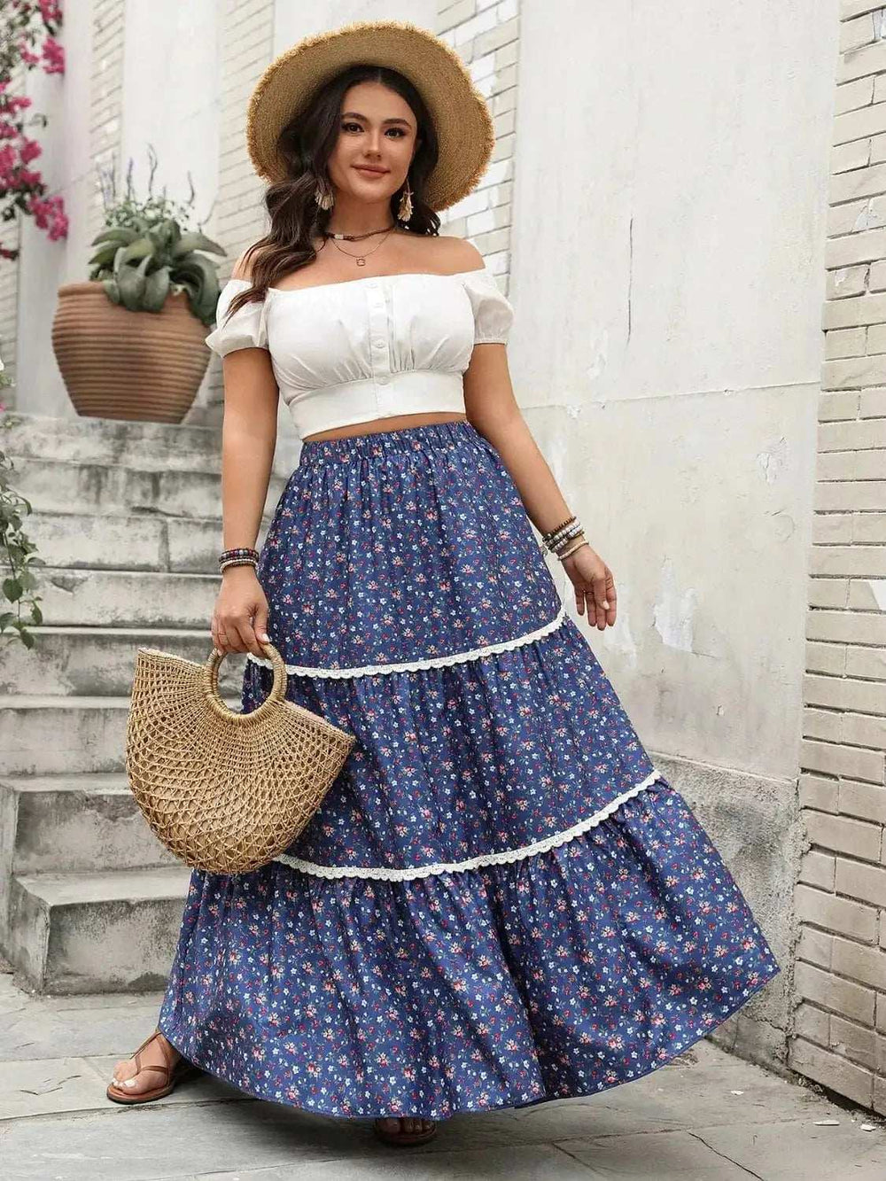 Plus Size Floral Elastic Waist Maxi Skirt - Trendsi - Flyclothing LLC