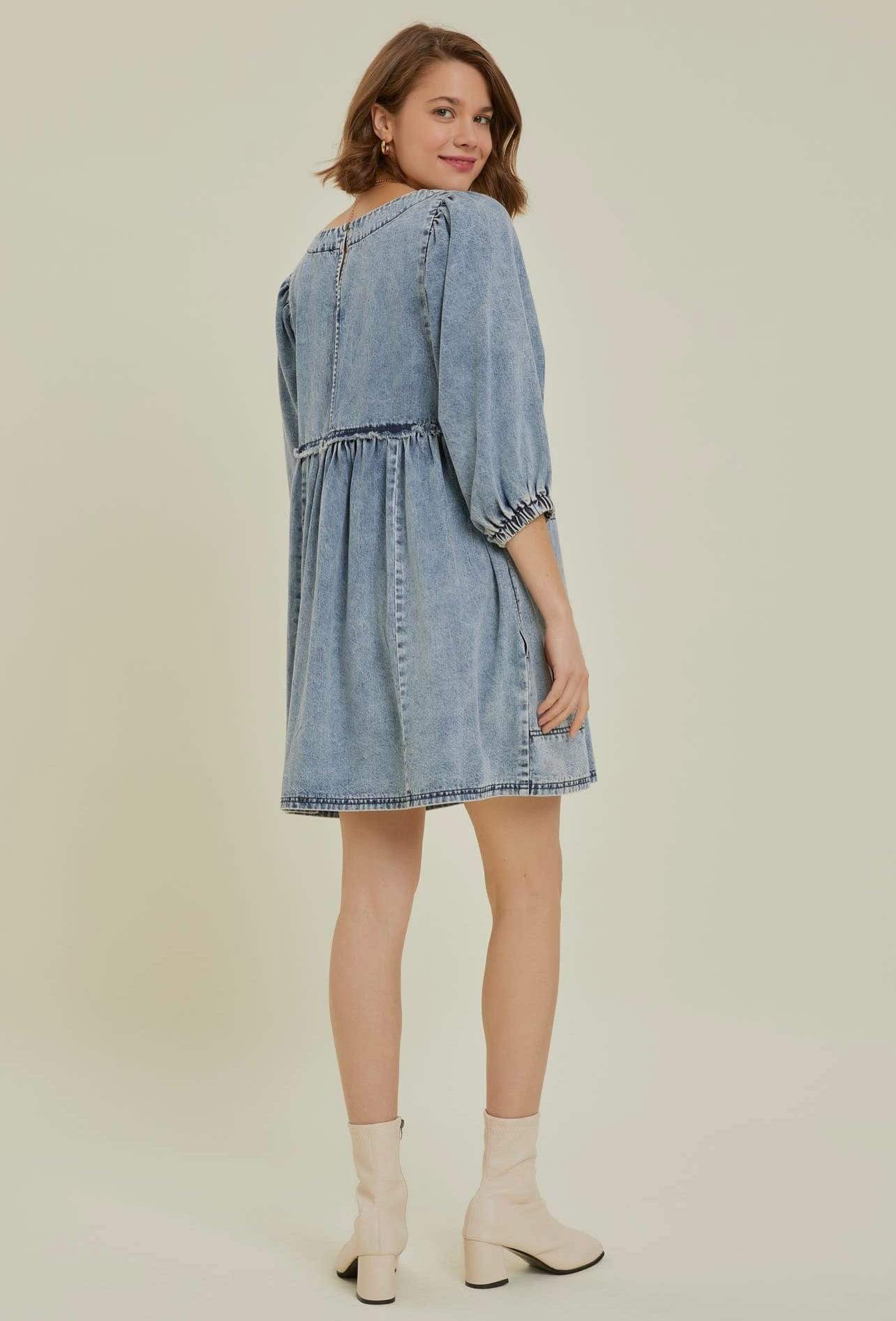 Cutout Round Neck Balloon Sleeve Denim Dress - Trendsi - Flyclothing LLC