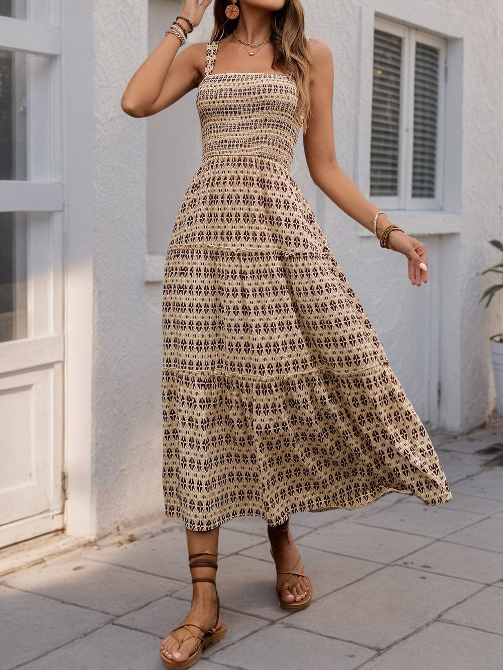 Printed Tiered Wide Strap Midi Dress - Trendsi