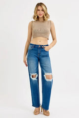 RISEN Full Size Mid Waist Fit Boyfriend Knee Distressed Jeans Plus Size - Trendsi - Flyclothing LLC