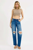 RISEN Full Size Mid Waist Fit Boyfriend Knee Distressed Jeans Plus Size - Trendsi - Flyclothing LLC