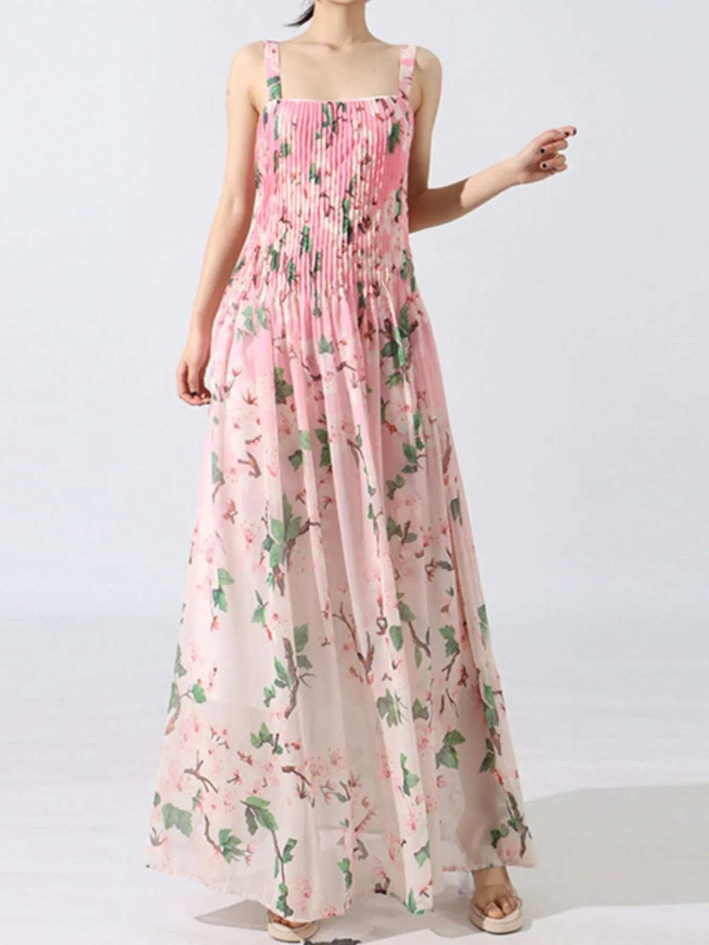 Floral Print Pleated Maxi Dress - Trendsi - Flyclothing LLC