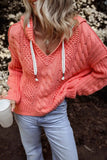 Drawstring Cable-Knit Hooded Sweater - Trendsi