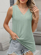V-Neck Eyelet Knit Cami Tank Top - Trendsi - Flyclothing LLC
