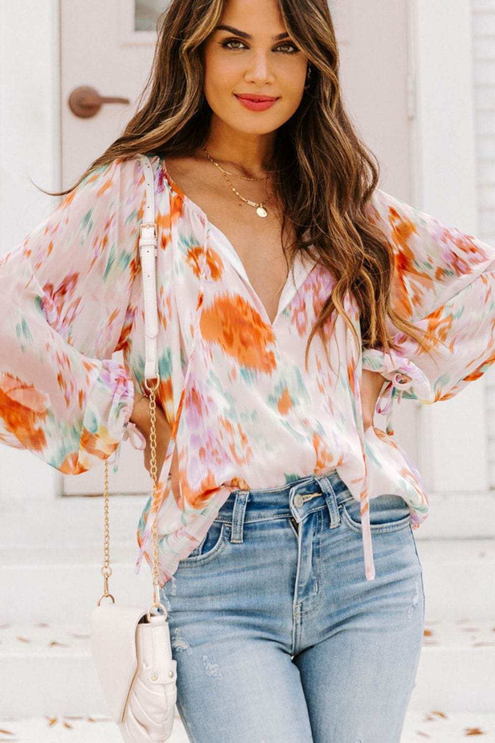 Printed Tie Neck Long Sleeve Blouse - Trendsi - Flyclothing LLC