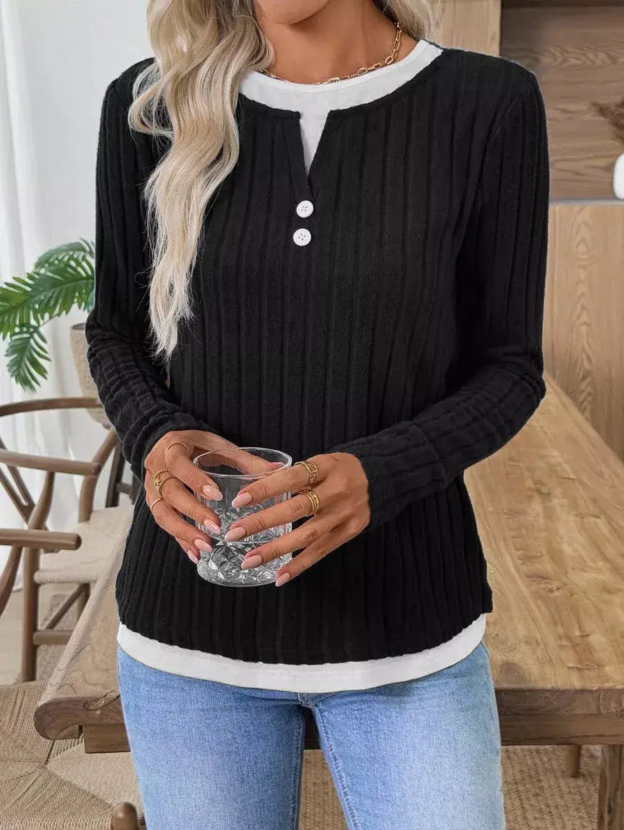 Ribbed Knit Long Sleeve Fake Two-Piece T-Shirt - Trendsi - Flyclothing LLC